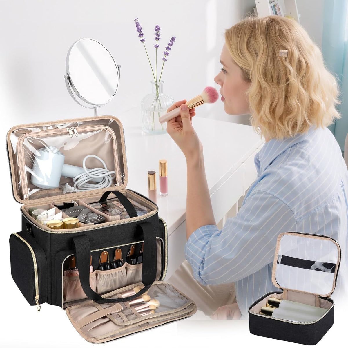 Large Makeup Bag, Portable Travel Makeup Bag Organizer for Women Girls with 2 Removable Pouches & Detachable Dividers, Cosmetic Travel Bag, Toiletry Bag for Makeup and Hair Supplies Black
