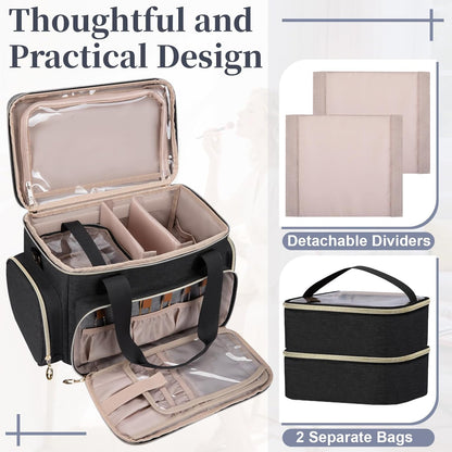 Large Makeup Bag, Portable Travel Makeup Bag Organizer for Women Girls with 2 Removable Pouches & Detachable Dividers, Cosmetic Travel Bag, Toiletry Bag for Makeup and Hair Supplies Black