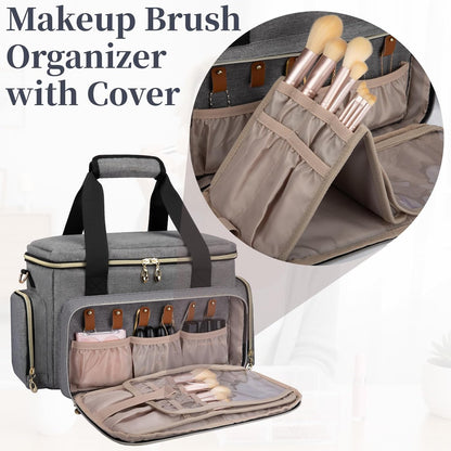 Large Makeup Bag, Portable Travel Makeup Bag Organizer for Women Girls with 2 Removable Pouches & Detachable Dividers, Cosmetic Travel Bag, Toiletry Bag for Makeup and Hair Supplies Black