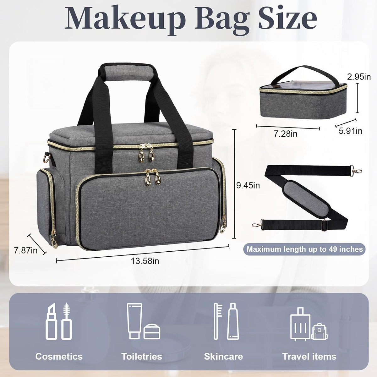 Large Makeup Bag, Portable Travel Makeup Bag Organizer for Women Girls with 2 Removable Pouches & Detachable Dividers, Cosmetic Travel Bag, Toiletry Bag for Makeup and Hair Supplies Black