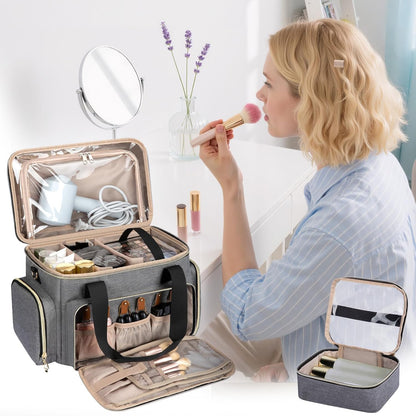Large Makeup Bag, Portable Travel Makeup Bag Organizer for Women Girls with 2 Removable Pouches & Detachable Dividers, Cosmetic Travel Bag, Toiletry Bag for Makeup and Hair Supplies Black