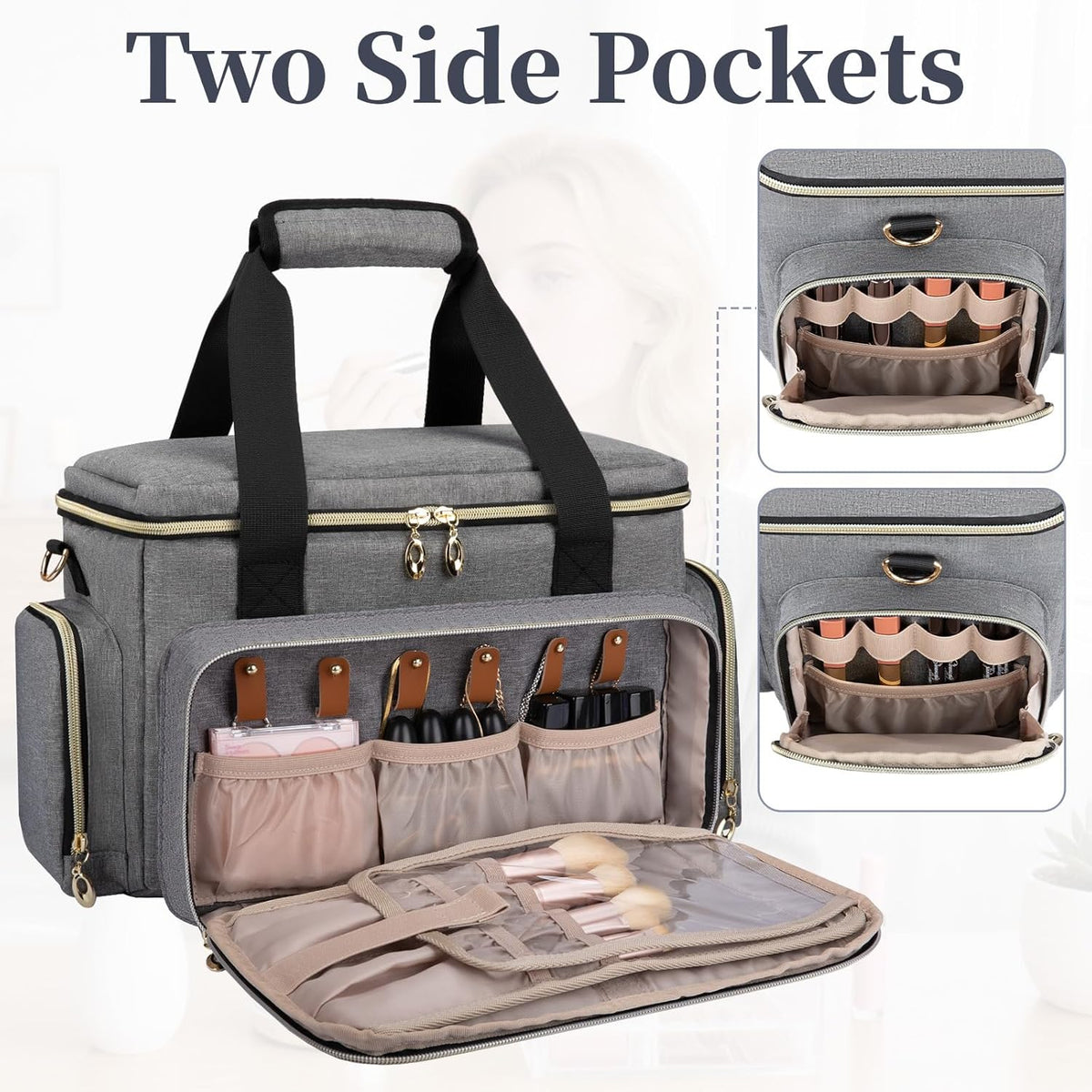 Large Makeup Bag, Portable Travel Makeup Bag Organizer for Women Girls with 2 Removable Pouches & Detachable Dividers, Cosmetic Travel Bag, Toiletry Bag for Makeup and Hair Supplies Black