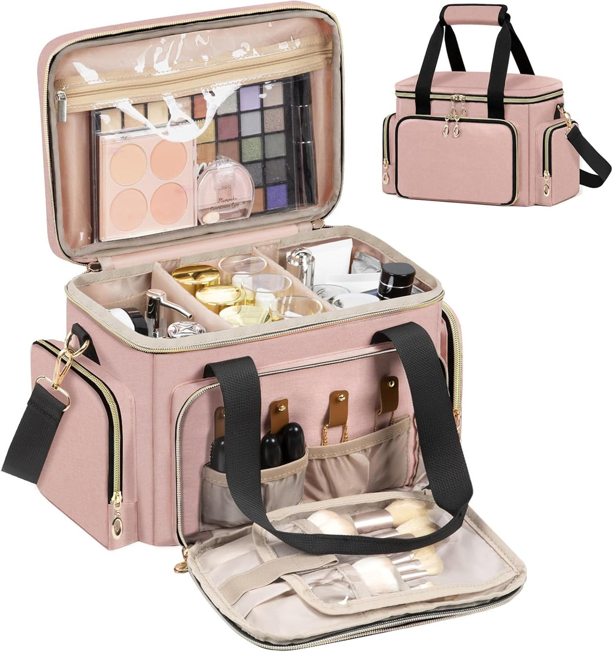 Large Makeup Bag, Portable Travel Makeup Bag Organizer for Women Girls with 2 Removable Pouches & Detachable Dividers, Cosmetic Travel Bag, Toiletry Bag for Makeup and Hair Supplies Black