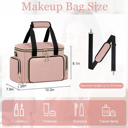 Large Makeup Bag, Portable Travel Makeup Bag Organizer for Women Girls with 2 Removable Pouches & Detachable Dividers, Cosmetic Travel Bag, Toiletry Bag for Makeup and Hair Supplies Black