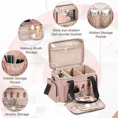Large Makeup Bag, Portable Travel Makeup Bag Organizer for Women Girls with 2 Removable Pouches & Detachable Dividers, Cosmetic Travel Bag, Toiletry Bag for Makeup and Hair Supplies Black