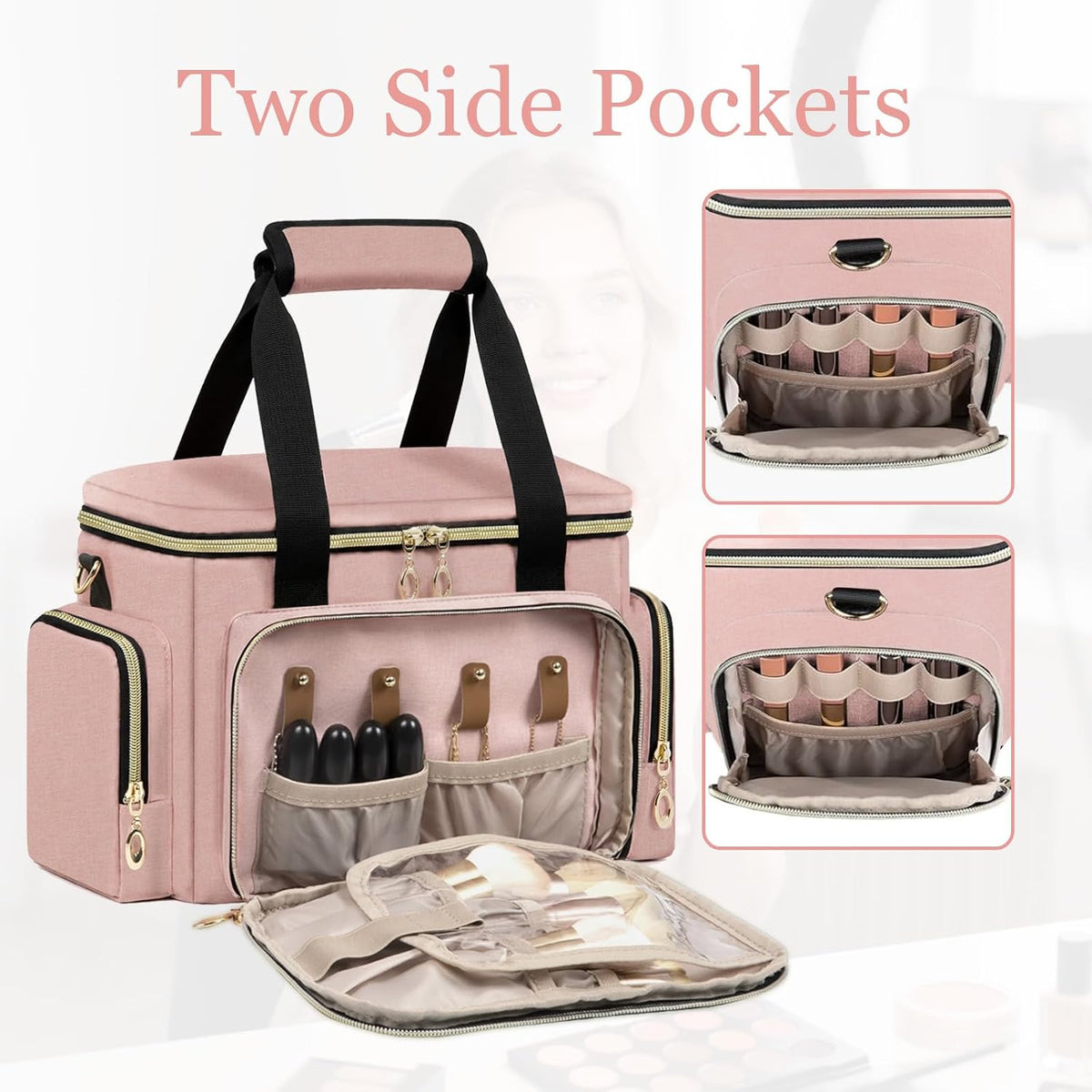 Large Makeup Bag, Portable Travel Makeup Bag Organizer for Women Girls with 2 Removable Pouches & Detachable Dividers, Cosmetic Travel Bag, Toiletry Bag for Makeup and Hair Supplies Black