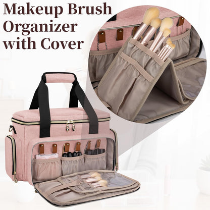 Large Makeup Bag, Portable Travel Makeup Bag Organizer for Women Girls with 2 Removable Pouches & Detachable Dividers, Cosmetic Travel Bag, Toiletry Bag for Makeup and Hair Supplies Black