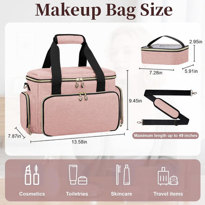Large Makeup Bag, Portable Travel Makeup Bag Organizer for Women Girls with 2 Removable Pouches & Detachable Dividers, Cosmetic Travel Bag, Toiletry Bag for Makeup and Hair Supplies Black