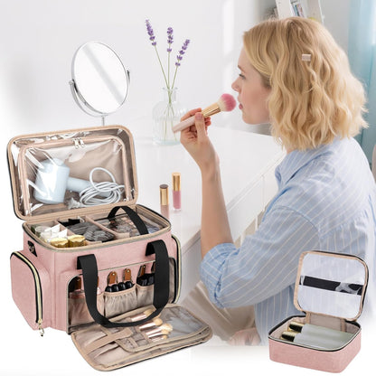 Large Makeup Bag, Portable Travel Makeup Bag Organizer for Women Girls with 2 Removable Pouches & Detachable Dividers, Cosmetic Travel Bag, Toiletry Bag for Makeup and Hair Supplies Black