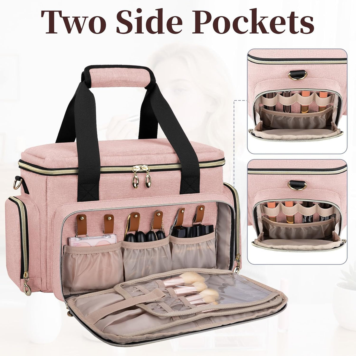 Large Makeup Bag, Portable Travel Makeup Bag Organizer for Women Girls with 2 Removable Pouches & Detachable Dividers, Cosmetic Travel Bag, Toiletry Bag for Makeup and Hair Supplies Black