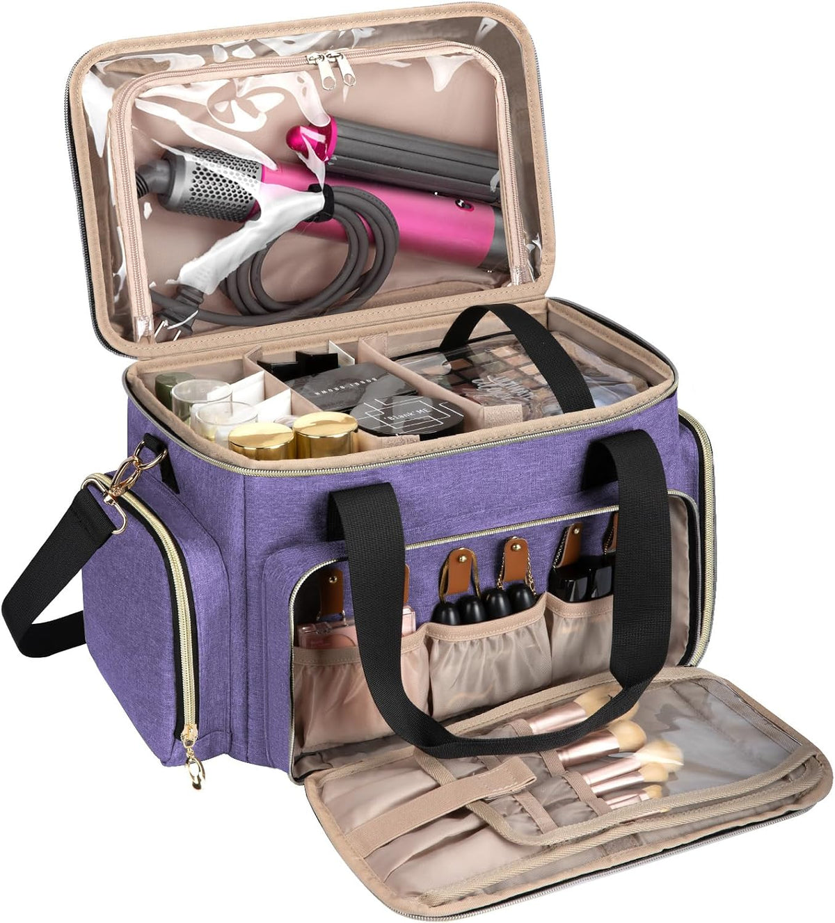 Large Makeup Bag, Portable Travel Makeup Bag Organizer for Women Girls with 2 Removable Pouches & Detachable Dividers, Cosmetic Travel Bag, Toiletry Bag for Makeup and Hair Supplies Black