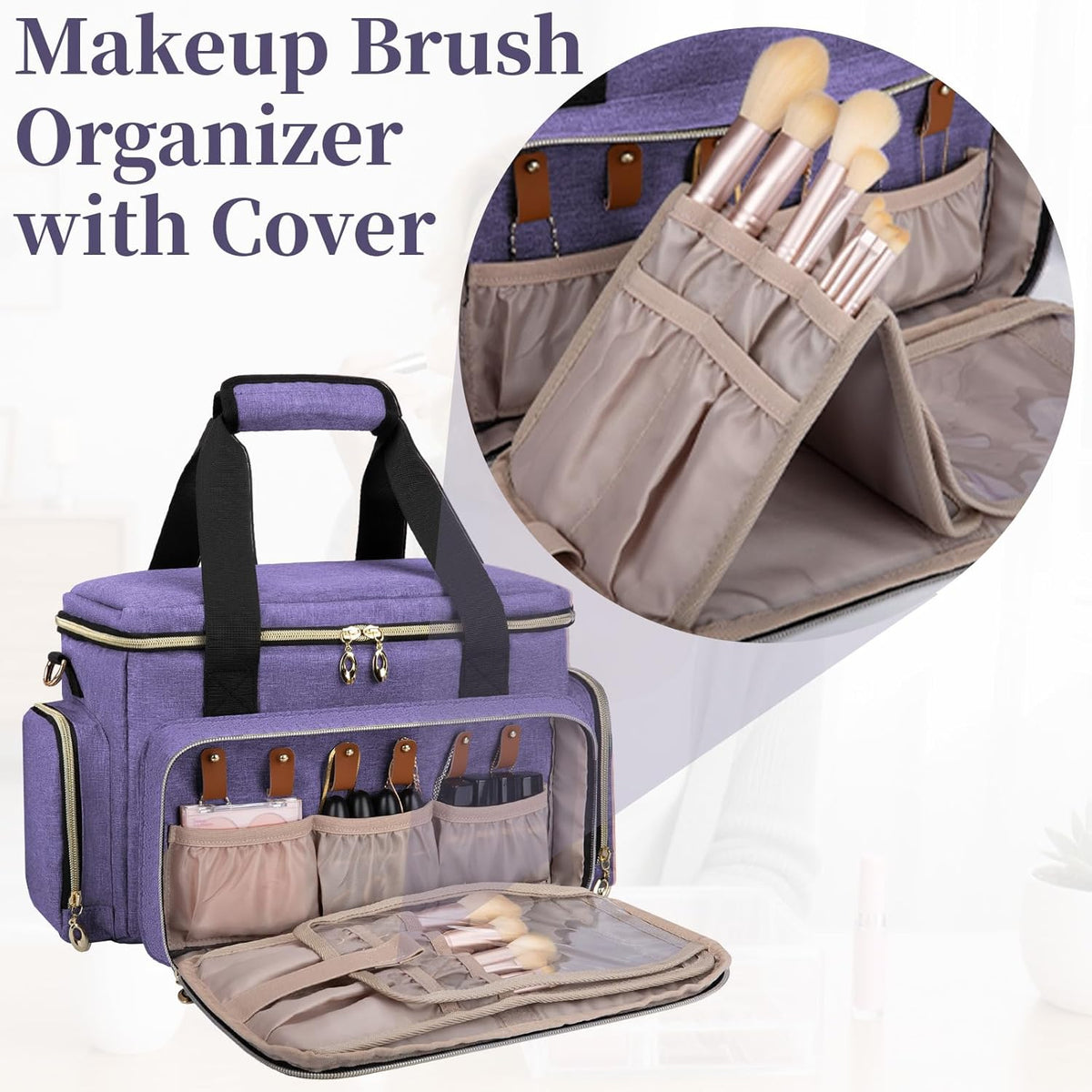 Large Makeup Bag, Portable Travel Makeup Bag Organizer for Women Girls with 2 Removable Pouches & Detachable Dividers, Cosmetic Travel Bag, Toiletry Bag for Makeup and Hair Supplies Black