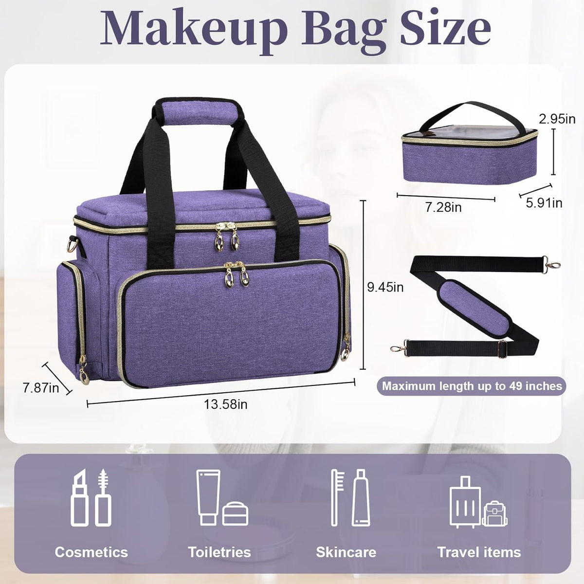 Large Makeup Bag, Portable Travel Makeup Bag Organizer for Women Girls with 2 Removable Pouches & Detachable Dividers, Cosmetic Travel Bag, Toiletry Bag for Makeup and Hair Supplies Black