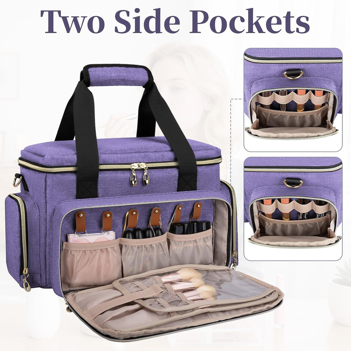 Large Makeup Bag, Portable Travel Makeup Bag Organizer for Women Girls with 2 Removable Pouches & Detachable Dividers, Cosmetic Travel Bag, Toiletry Bag for Makeup and Hair Supplies Black