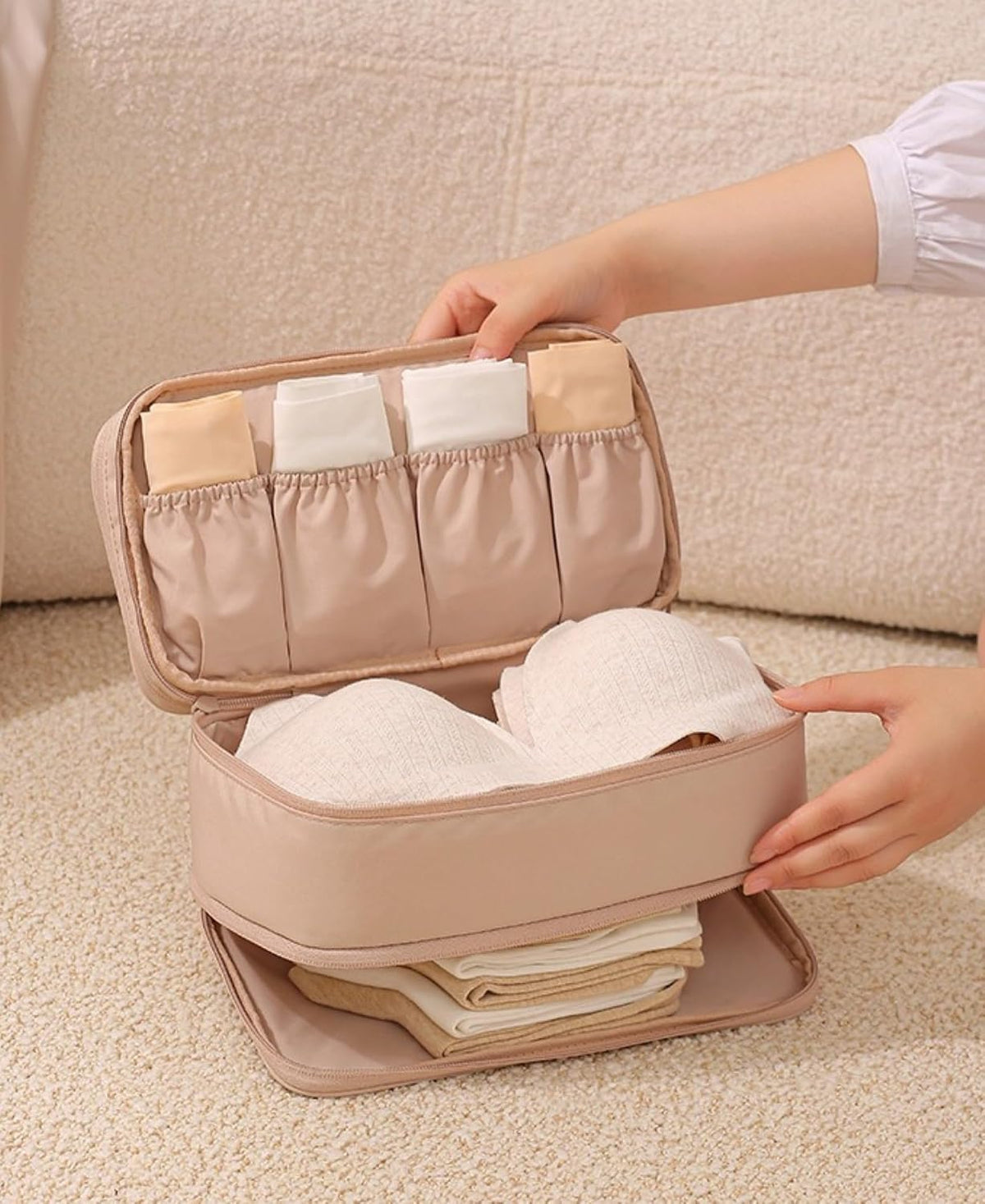 Bra Lingerie Travel Organizer Multifunctional Large Capacity Underwear Storage Bag Bra Holder for Travel Intimates Case (beige)