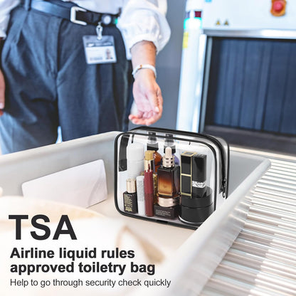 TSA Approved Toiletry Cosmetic Bags for Men and Women with Zipper Carry on Airline Airport Travel Accessories, PVC Makeup Bags, Quart Size-Black