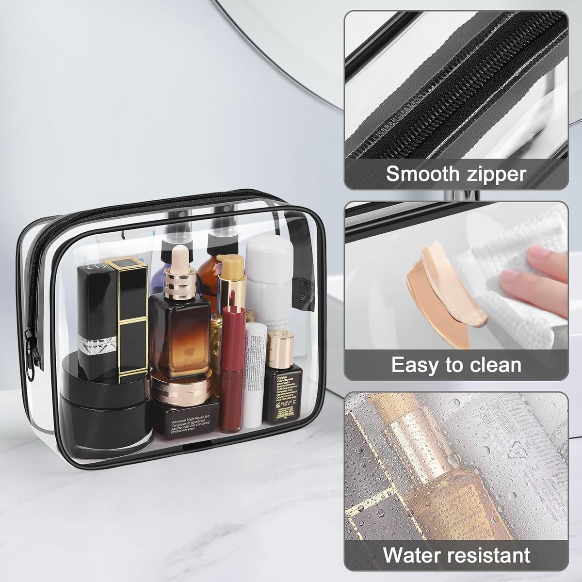 TSA Approved Toiletry Cosmetic Bags for Men and Women with Zipper Carry on Airline Airport Travel Accessories, PVC Makeup Bags, Quart Size-Black