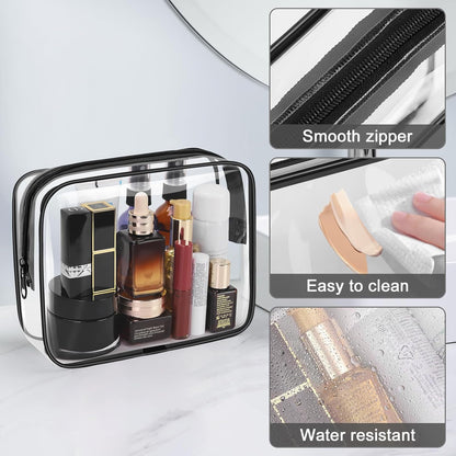 TSA Approved Toiletry Cosmetic Bags for Men and Women with Zipper Carry on Airline Airport Travel Accessories, PVC Makeup Bags, Quart Size-Black