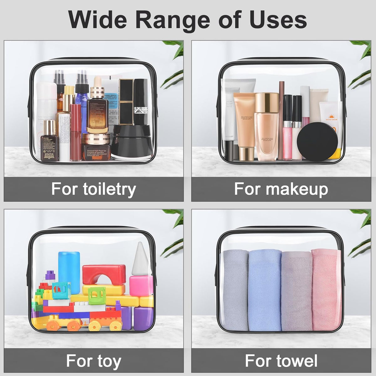 TSA Approved Toiletry Cosmetic Bags for Men and Women with Zipper Carry on Airline Airport Travel Accessories, PVC Makeup Bags, Quart Size-Black