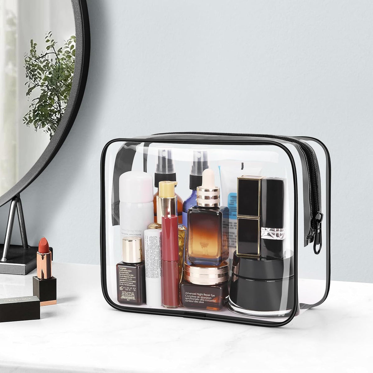 TSA Approved Toiletry Cosmetic Bags for Men and Women with Zipper Carry on Airline Airport Travel Accessories, PVC Makeup Bags, Quart Size-Black