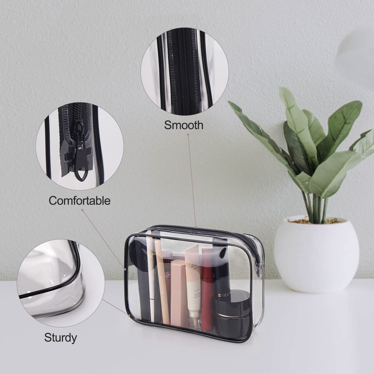TSA Approved Toiletry Cosmetic Bags for Men and Women with Zipper Carry on Airline Airport Travel Accessories, PVC Makeup Bags, Quart Size-Black