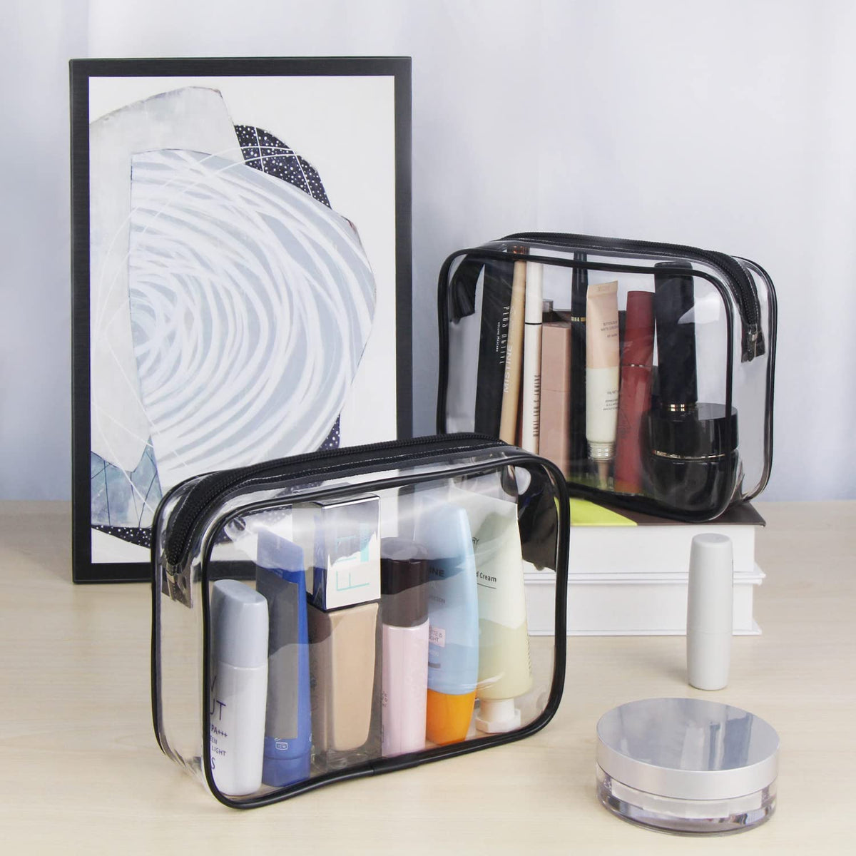 TSA Approved Toiletry Cosmetic Bags for Men and Women with Zipper Carry on Airline Airport Travel Accessories, PVC Makeup Bags, Quart Size-Black