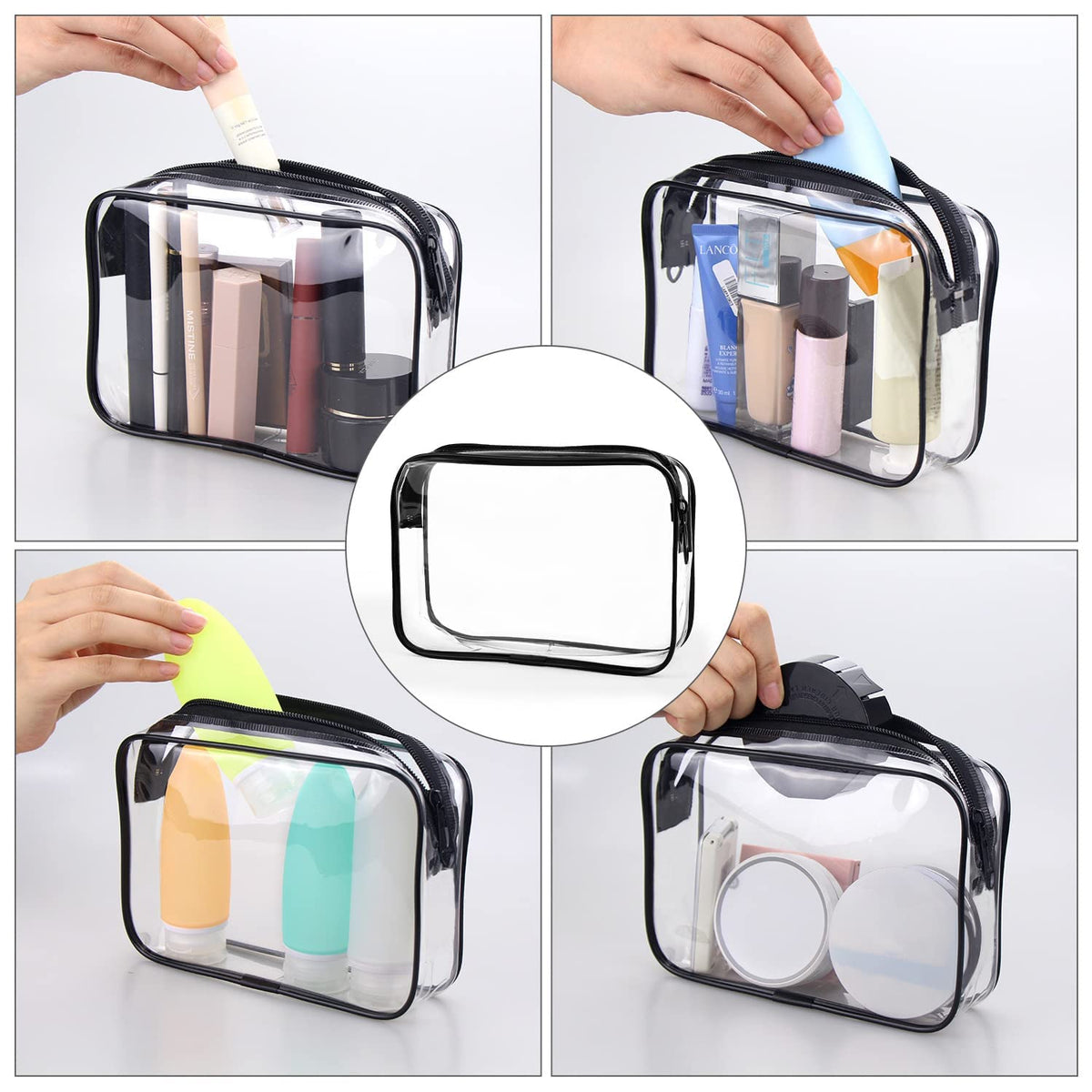 TSA Approved Toiletry Cosmetic Bags for Men and Women with Zipper Carry on Airline Airport Travel Accessories, PVC Makeup Bags, Quart Size-Black