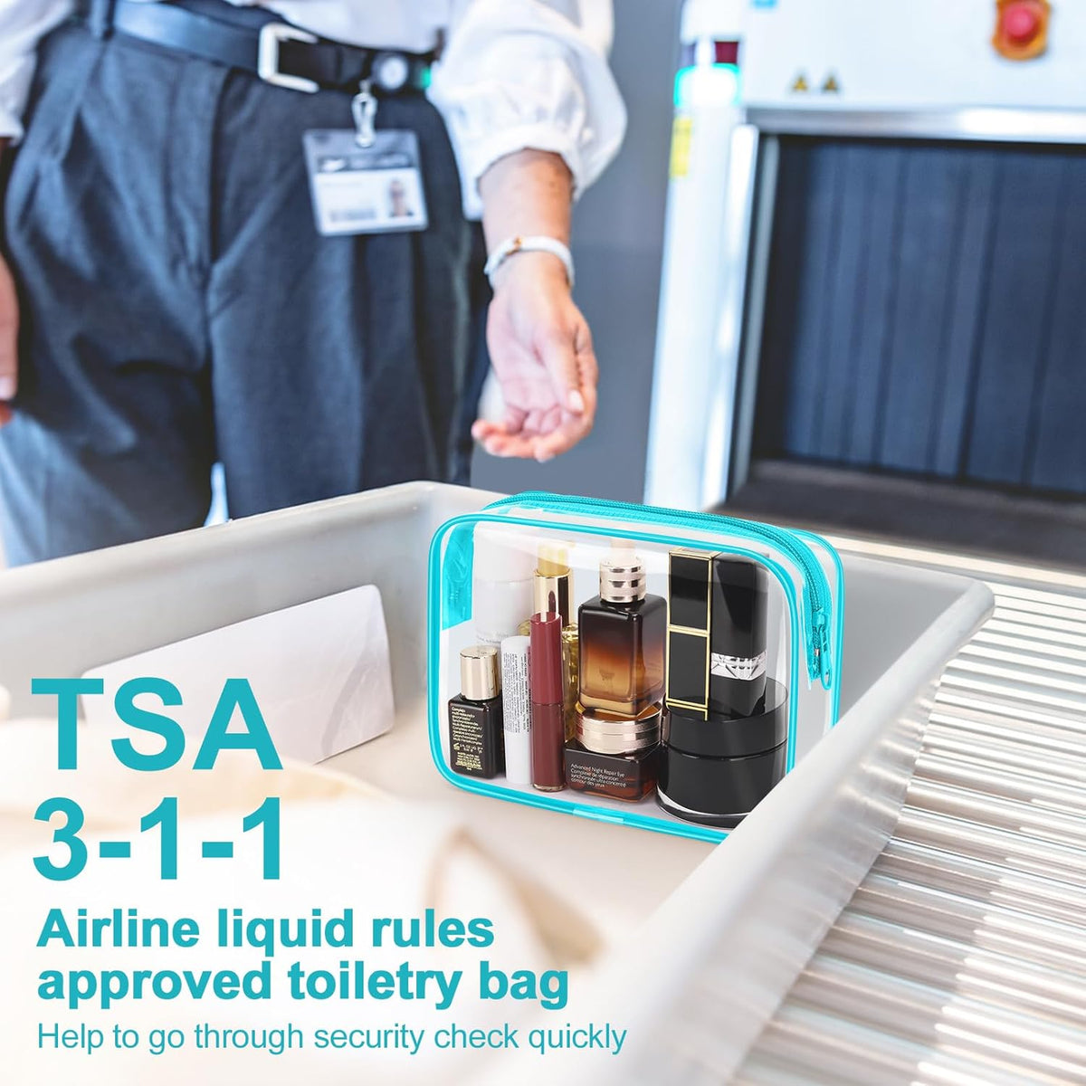 TSA Approved Toiletry Cosmetic Bags for Men and Women with Zipper Carry on Airline Airport Travel Accessories, PVC Makeup Bags, Quart Size-Black