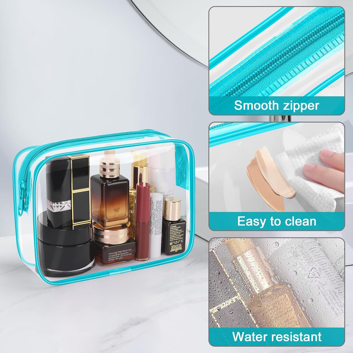 TSA Approved Toiletry Cosmetic Bags for Men and Women with Zipper Carry on Airline Airport Travel Accessories, PVC Makeup Bags, Quart Size-Black