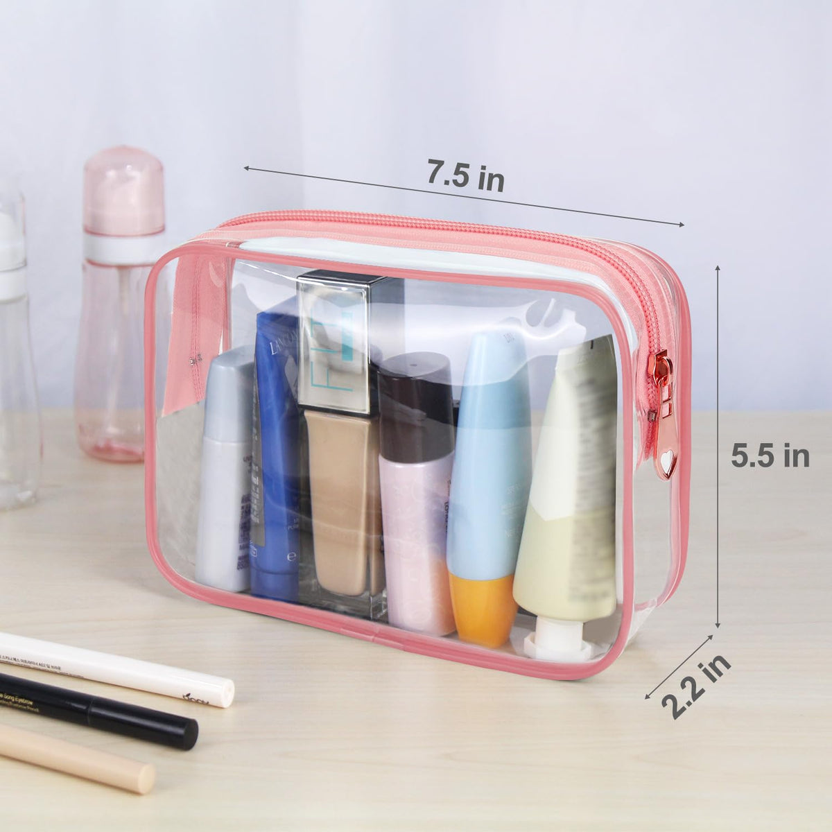 TSA Approved Toiletry Cosmetic Bags for Men and Women with Zipper Carry on Airline Airport Travel Accessories, PVC Makeup Bags, Quart Size-Black