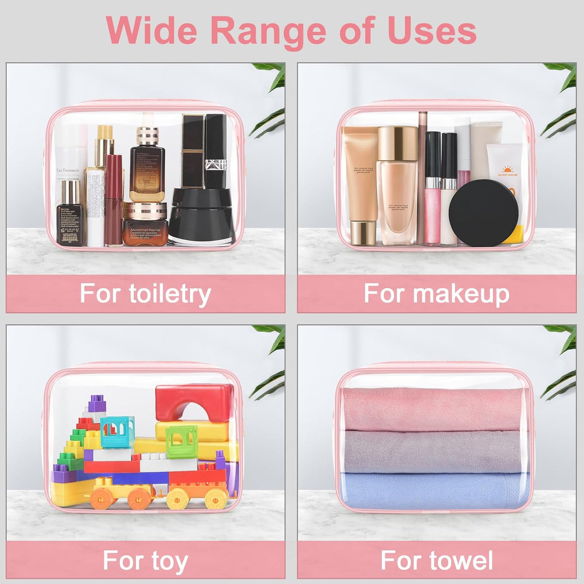 TSA Approved Toiletry Cosmetic Bags for Men and Women with Zipper Carry on Airline Airport Travel Accessories, PVC Makeup Bags, Quart Size-Black
