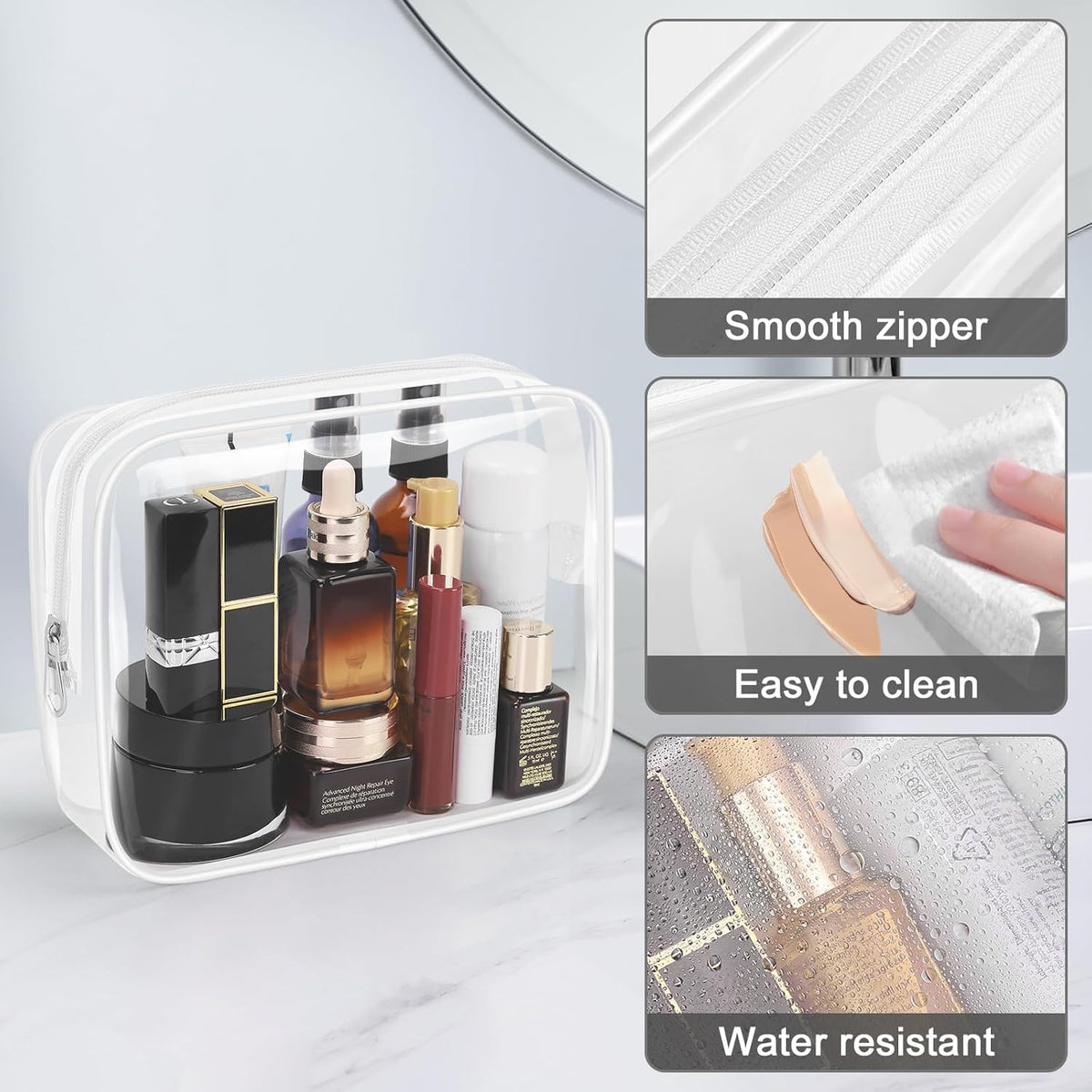 TSA Approved Toiletry Cosmetic Bags for Men and Women with Zipper Carry on Airline Airport Travel Accessories, PVC Makeup Bags, Quart Size-Black