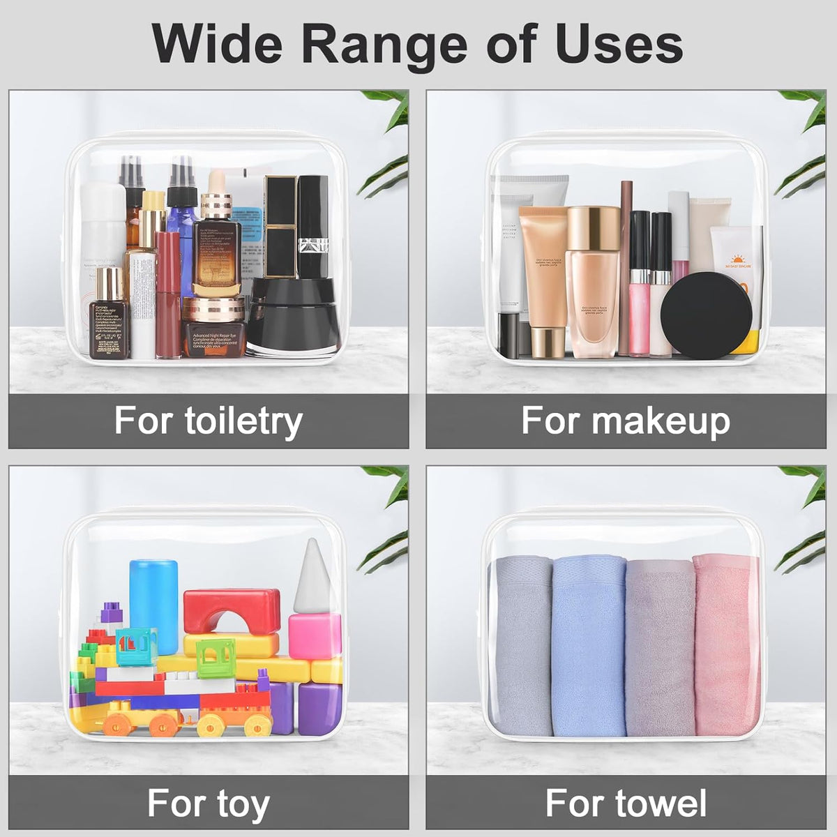 TSA Approved Toiletry Cosmetic Bags for Men and Women with Zipper Carry on Airline Airport Travel Accessories, PVC Makeup Bags, Quart Size-Black