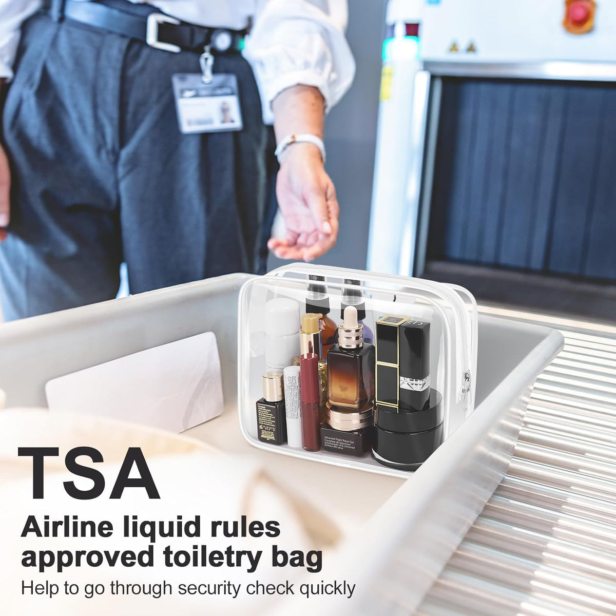 TSA Approved Toiletry Cosmetic Bags for Men and Women with Zipper Carry on Airline Airport Travel Accessories, PVC Makeup Bags, Quart Size-Black