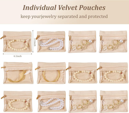 Travel Jewelry Organizer, Travel Jewelry Box with 12 Velvet Zipped Pouches Bags for Jewelries Necklaces Rings Earrings Sorting Storage for Women Girl Gifts, Butter Yellow