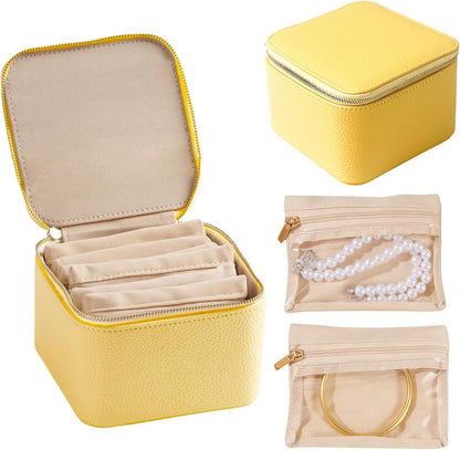 Travel Jewelry Organizer, Travel Jewelry Box with 12 Velvet Zipped Pouches Bags for Jewelries Necklaces Rings Earrings Sorting Storage for Women Girl Gifts, Butter Yellow