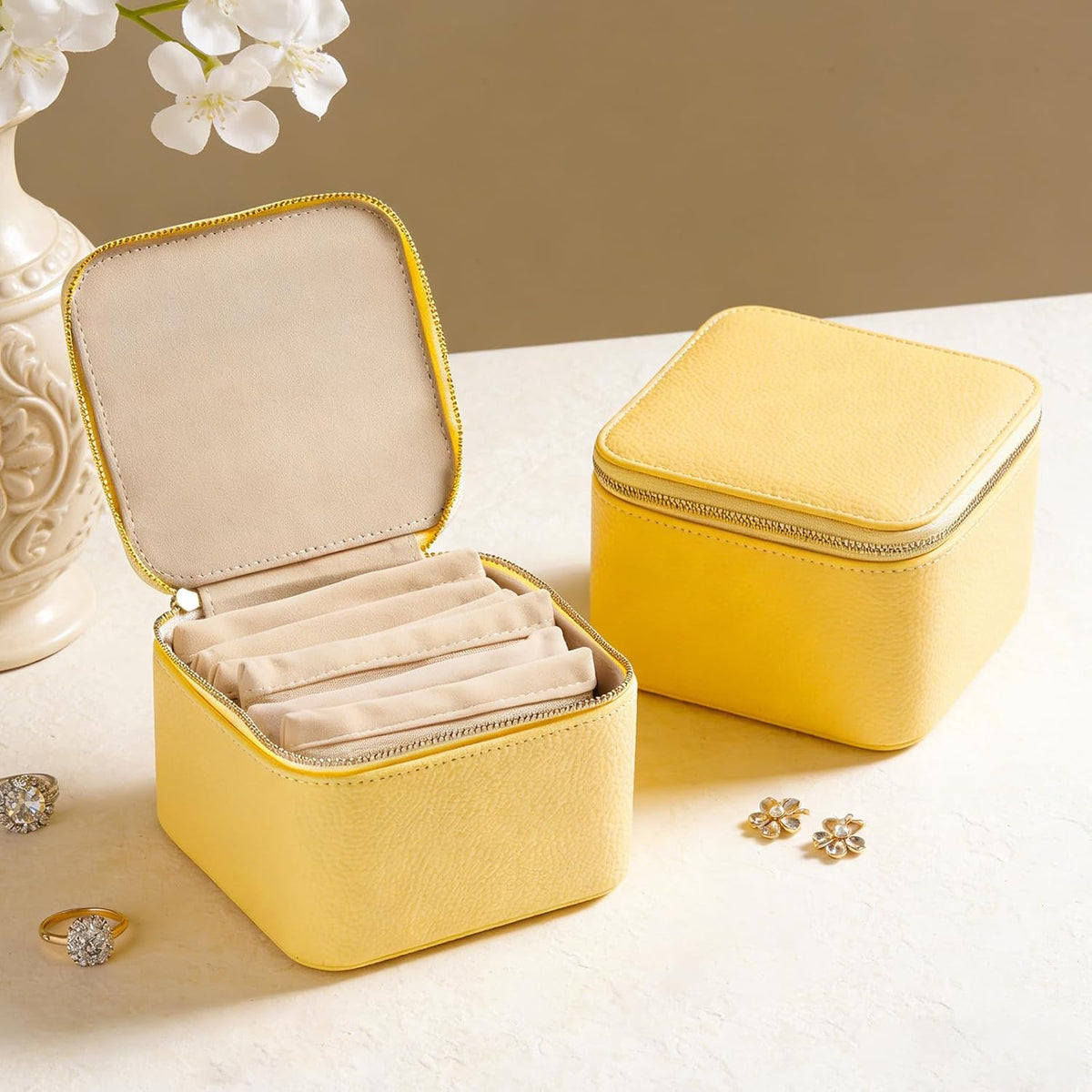 Travel Jewelry Organizer, Travel Jewelry Box with 12 Velvet Zipped Pouches Bags for Jewelries Necklaces Rings Earrings Sorting Storage for Women Girl Gifts, Butter Yellow