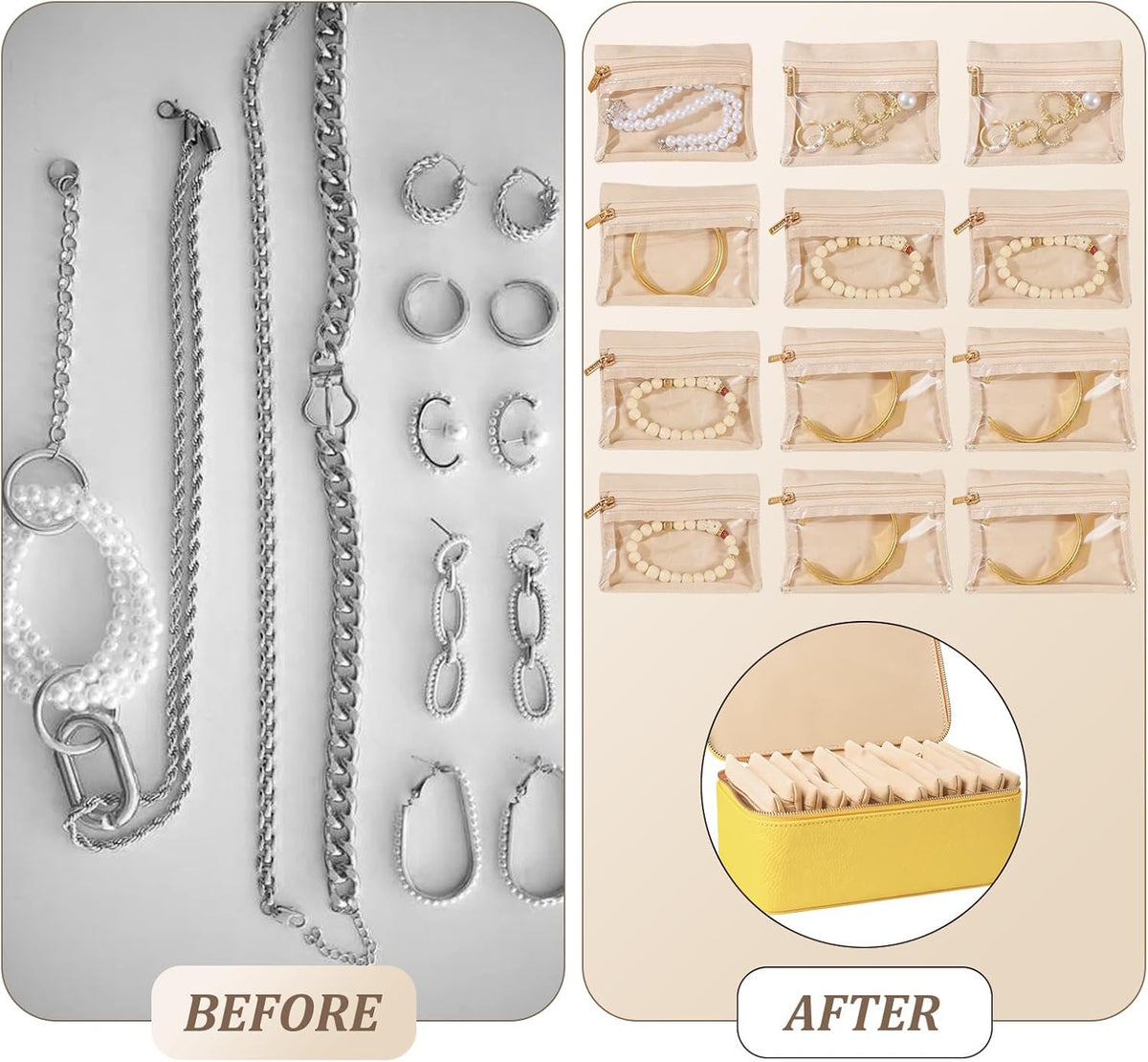 Travel Jewelry Organizer, Travel Jewelry Box with 12 Velvet Zipped Pouches Bags for Jewelries Necklaces Rings Earrings Sorting Storage for Women Girl Gifts, Butter Yellow
