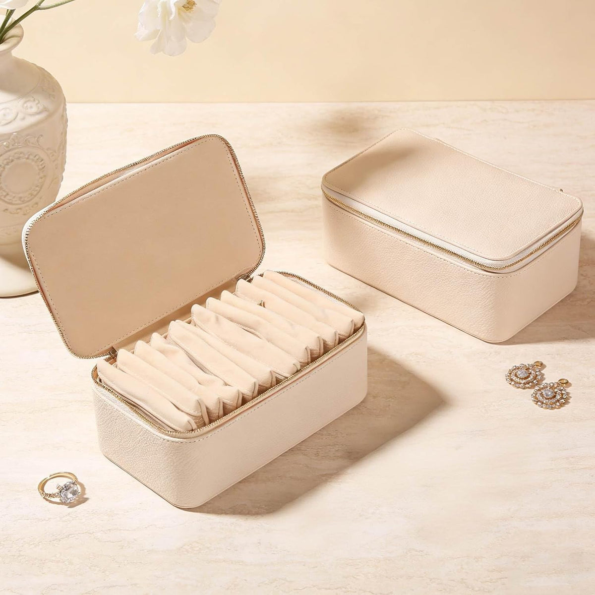 Travel Jewelry Organizer, Travel Jewelry Box with 12 Velvet Zipped Pouches Bags for Jewelries Necklaces Rings Earrings Sorting Storage for Women Girl Gifts, Butter Yellow