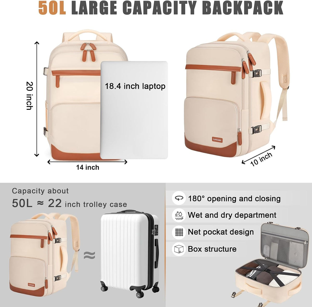 40L Travel Backpack, Water-Resistant Carry On Backpack for Men Women, Business Laptop Backpack for Trips & Commutes, Fits 15.6/17.3 Inch Laptop