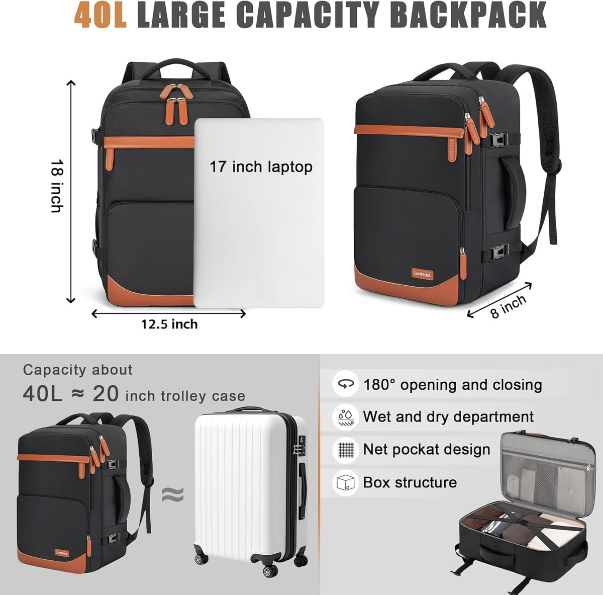 40L Travel Backpack, Water-Resistant Carry On Backpack for Men Women, Business Laptop Backpack for Trips & Commutes, Fits 15.6/17.3 Inch Laptop