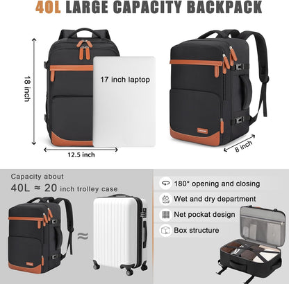 40L Travel Backpack, Water-Resistant Carry On Backpack for Men Women, Business Laptop Backpack for Trips & Commutes, Fits 15.6/17.3 Inch Laptop