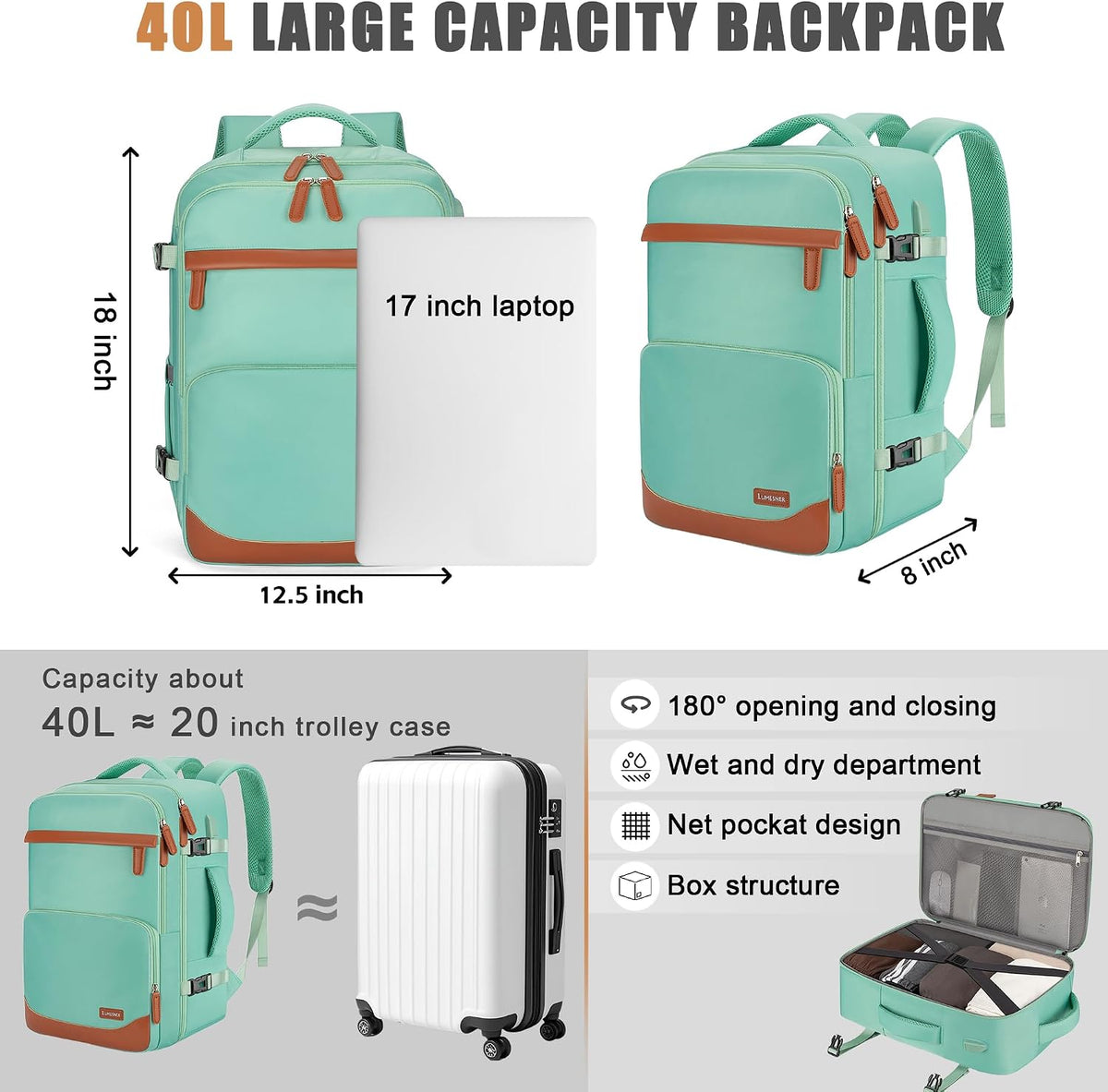40L Travel Backpack, Water-Resistant Carry On Backpack for Men Women, Business Laptop Backpack for Trips & Commutes, Fits 15.6/17.3 Inch Laptop