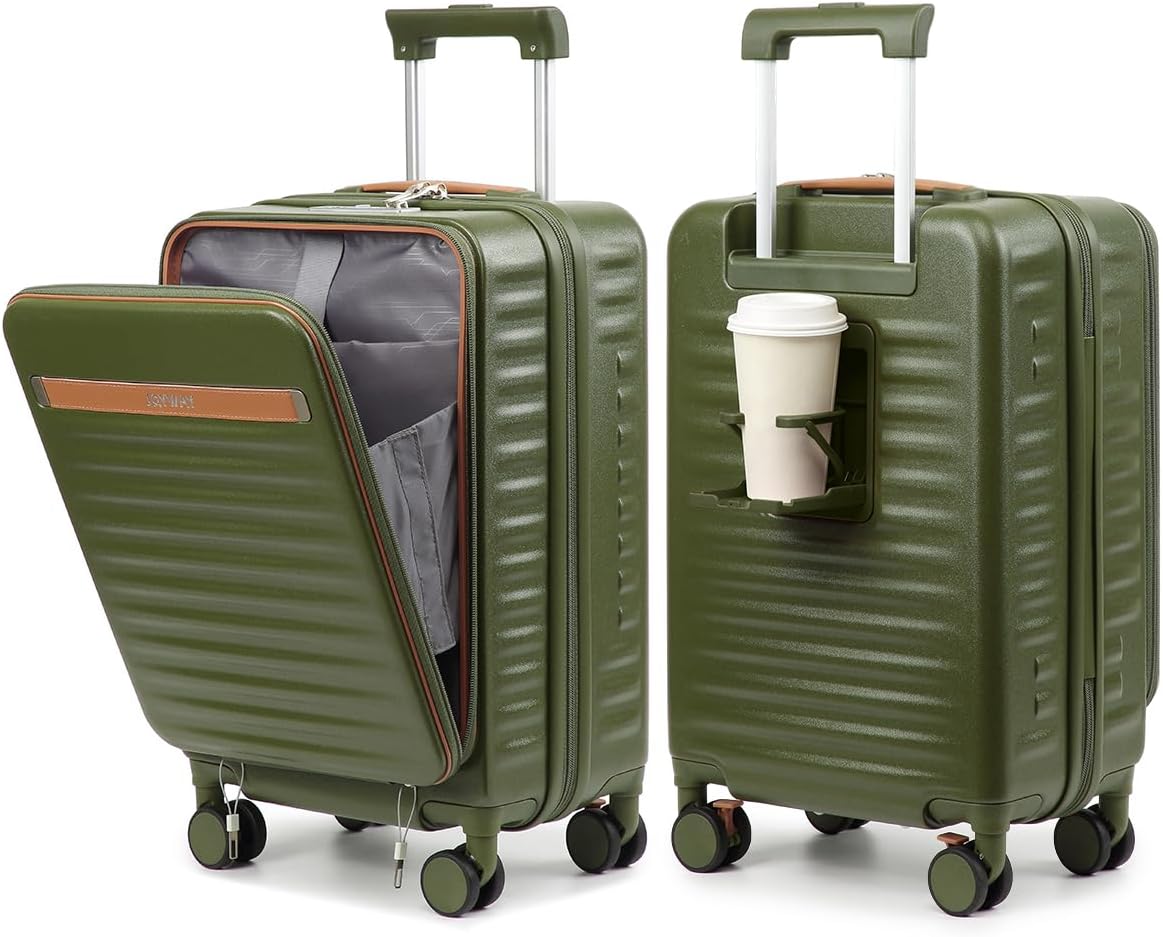 20 Inch Carry On Luggage with Front Pocket and Cup Holder, Green | TSA Approved Suitcase, Laptop Compartment, Spinner Wheels With Brakes, ABS Hardside. Great For Frequent Business Travel