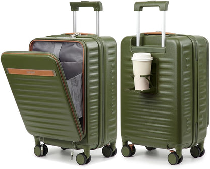 20 Inch Carry On Luggage with Front Pocket and Cup Holder, Green | TSA Approved Suitcase, Laptop Compartment, Spinner Wheels With Brakes, ABS Hardside. Great For Frequent Business Travel