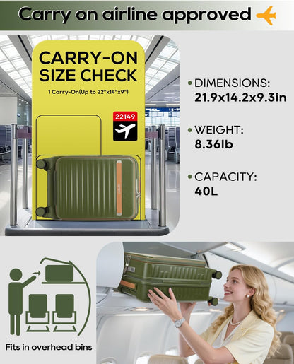 20 Inch Carry On Luggage with Front Pocket and Cup Holder, Green | TSA Approved Suitcase, Laptop Compartment, Spinner Wheels With Brakes, ABS Hardside. Great For Frequent Business Travel