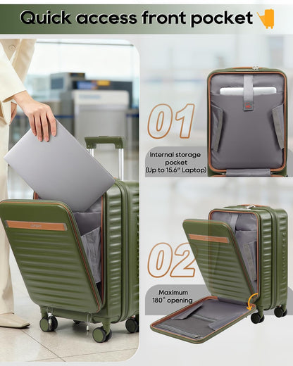 20 Inch Carry On Luggage with Front Pocket and Cup Holder, Green | TSA Approved Suitcase, Laptop Compartment, Spinner Wheels With Brakes, ABS Hardside. Great For Frequent Business Travel