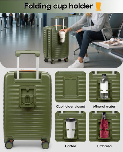 20 Inch Carry On Luggage with Front Pocket and Cup Holder, Green | TSA Approved Suitcase, Laptop Compartment, Spinner Wheels With Brakes, ABS Hardside. Great For Frequent Business Travel