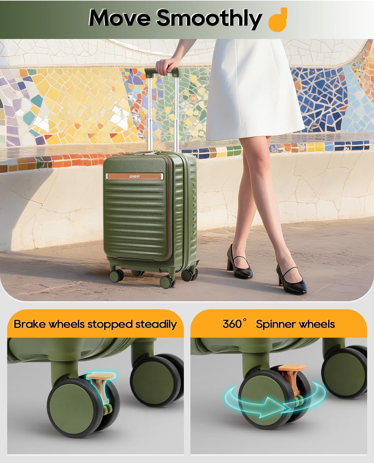 20 Inch Carry On Luggage with Front Pocket and Cup Holder, Green | TSA Approved Suitcase, Laptop Compartment, Spinner Wheels With Brakes, ABS Hardside. Great For Frequent Business Travel