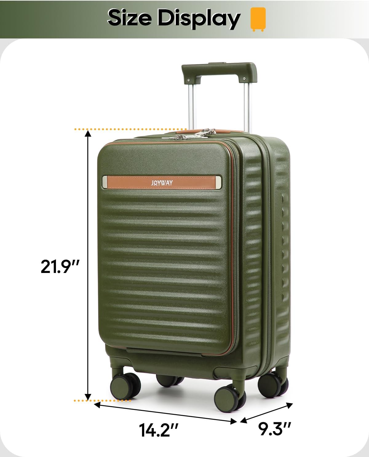 20 Inch Carry On Luggage with Front Pocket and Cup Holder, Green | TSA Approved Suitcase, Laptop Compartment, Spinner Wheels With Brakes, ABS Hardside. Great For Frequent Business Travel